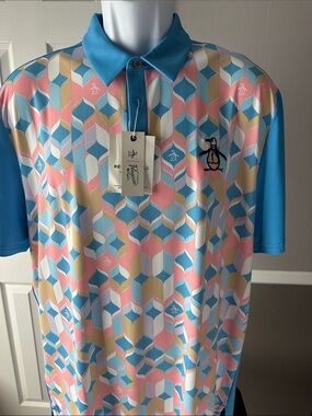 Original Penguin Men’s' Geo-Pattern Polo in Blue, Pink, Cream